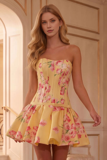 Vedress yellow rose floral satin strapless corset flared mini homecoming dress front view