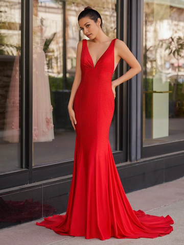 Deep V-Neck Beaded Mermaid Maxi Dress with Open Back & Sweeping Train