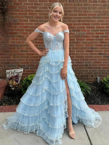 Elegant A-Line Sweetheart Off-Shoulder Embellished Tiered High-Low Prom Dress