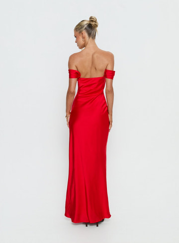 Elegant Red Off Shoulder Satin Maxi Dress – Formal Evening Gown for Weddings, Prom & Special Occasions