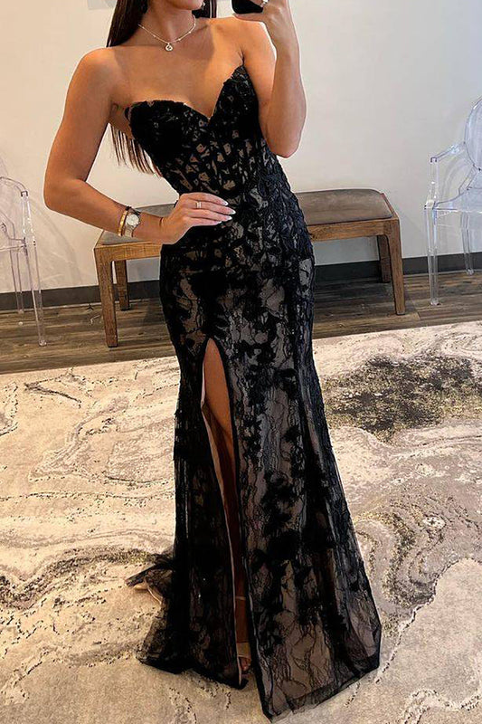 Mermaid Sweetheart Black Corset Prom Dress with Appliques Strapless Lace Mermaid Evening Gown with High-Slit