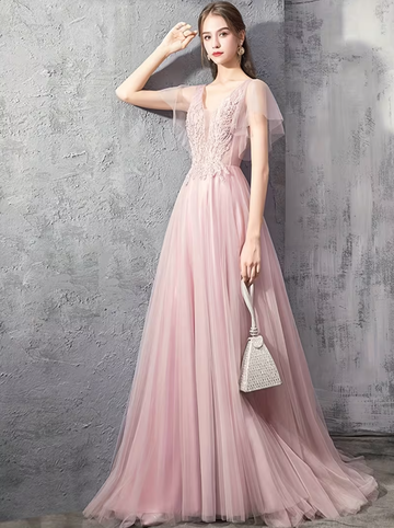 Elegante vestido de noche largo formal de fiesta con cuello en V, lentejuelas, bordado, malla, manga corta y cintura alta con corte en A