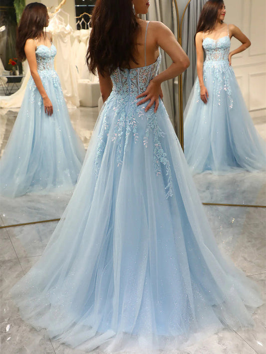A-Line Princess Lace Prom Dresses Light Blue Tulle Lace Appliqued Floral Formal Evening Dresses Ball gown