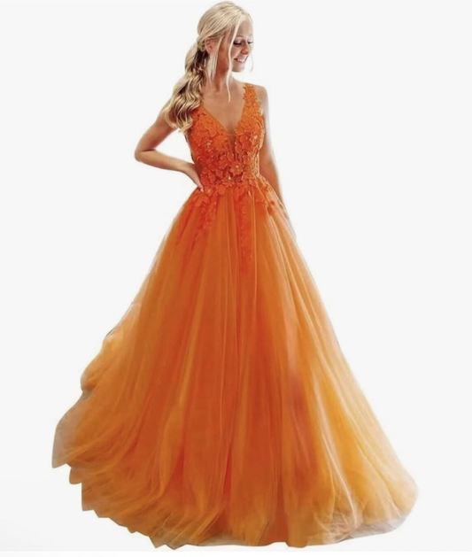 Women's Elegant V-Neck Tulle A-Line Princess Prom Dress with Lace Floral Deep V Neck Prom Long Tulle Ball Gown