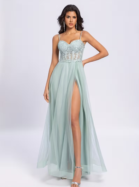 Women's Strapless Lace Bodice Tulle Mermaid Cut-Out Evening Gown Evening Gown with High Side Slit Elegant Long Cocktail Dress