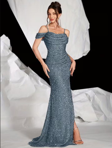 Vestido de noche elegante de sirena para mujer, sin tirantes, largo, formal, con lentejuelas doradas brillantes, abertura alta y cola, para fiesta de boda o graduación