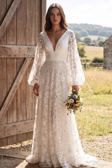 Vedress boho white floral lace a-line wedding dress deep v puff sleeve countryside barn