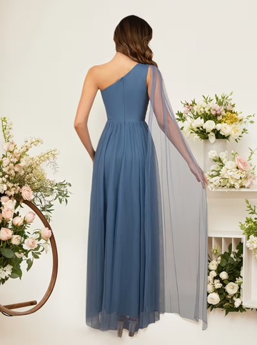 Elegant One Shoulder Gown Bridesmaid Dresses with Contrast Mesh Solid Color Sleeveless Weddings and Formal Events