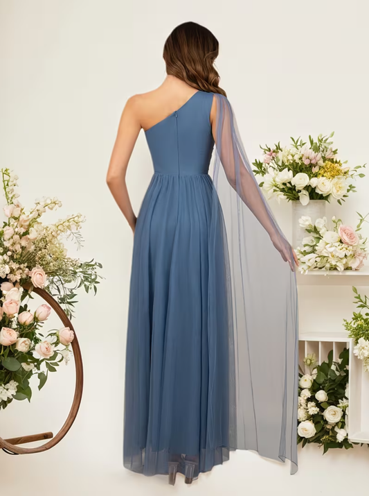 Elegant One Shoulder Gown Bridesmaid Dresses with Contrast Mesh Solid Color Sleeveless Weddings and Formal Events