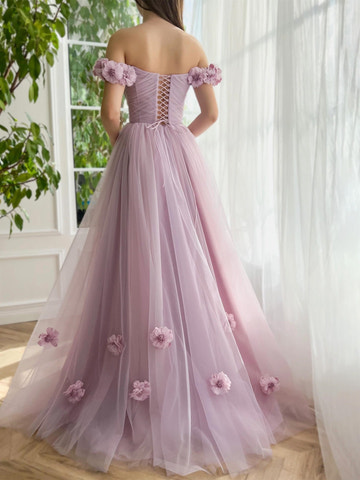 Vestidos de noche/fiesta de tul con flores, sin mangas, con escote Bardot, hasta el suelo, línea A/corte princesa