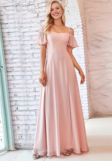 Women's Off-the-Shoulder Sweetheart Neck Ruffle Sleeve Chiffon Bridesmaid Dresses Maxi Dress with Side Slit