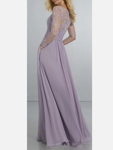 A-Line Princess Elegant Long Sleeve Lace & Chiffon Formal Gown with Deep V-Neck Party Wedding Guest Bridesmaid Dresses