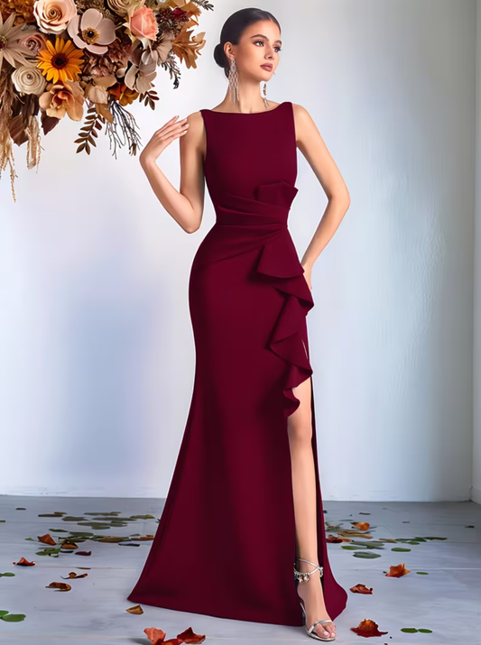 High-Waisted Ruffled Hem Slit Backless Prom Dresses Evening Gown Party Wedding Guest Dresses