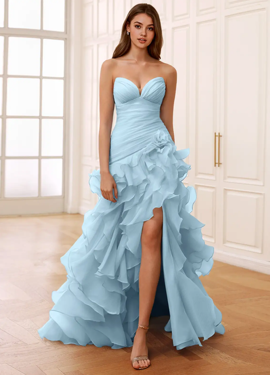Women's A-Line Princess Ball gown Strapless Ruched Evening Gown with Asymmetrical Ruffled Hem High Slit