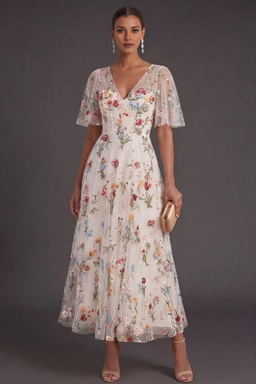 V-Neck Flutter Sleeve Floral Embroidered Tulle Midi A-Line Dress