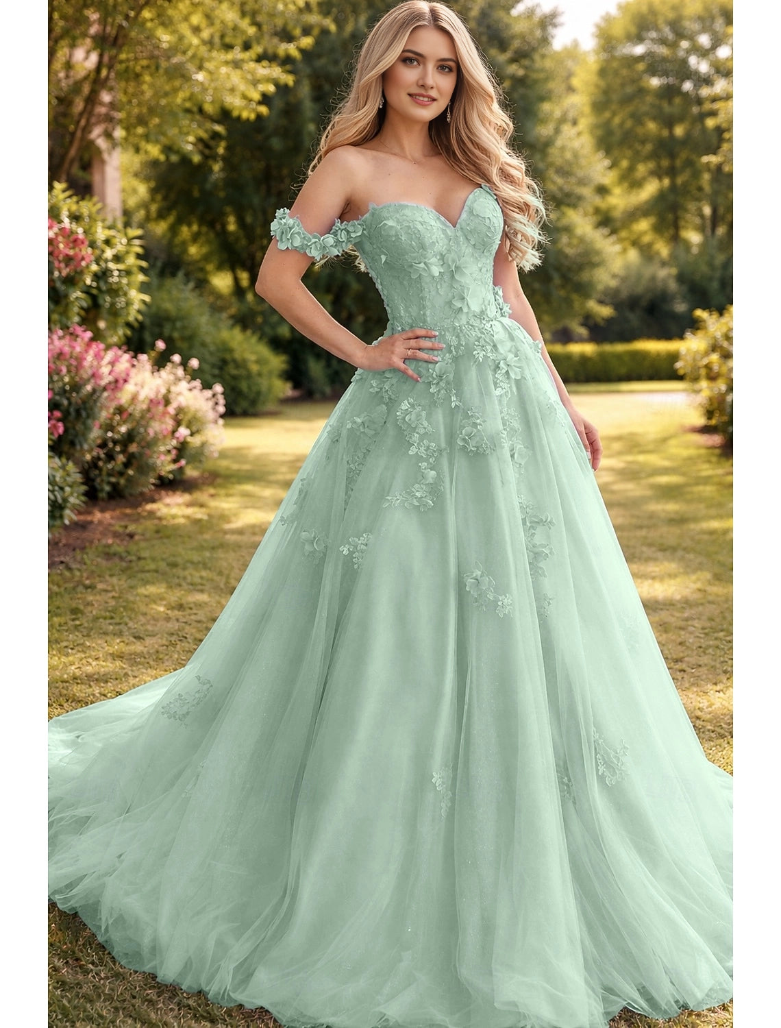 Vedress mint green 3d floral off shoulder sweetheart a line tulle prom gown for formal party garden wedding