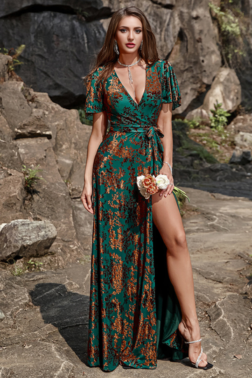 2026 New A-Line V Neck Dark Green Burnout Velvet Floor Length High Slit Dress with Short Sleeves