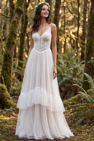 Vedress lace bodice polka dot tulle a-line wedding dress deep v tiered ruffle woodland bridal gown