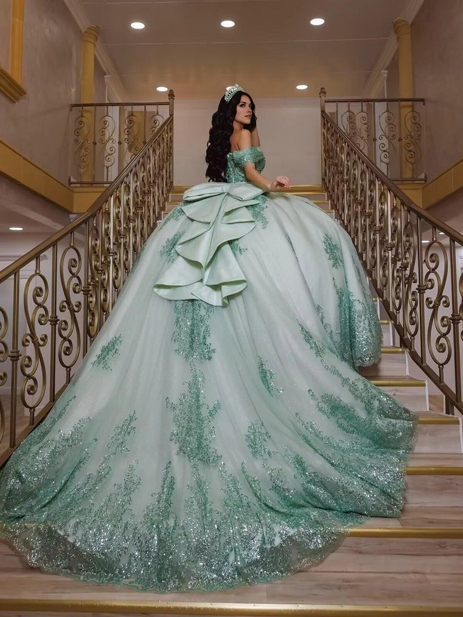 Vedress emerald green quinceanera dress off shoulder lace-up corset back green glitter lace appliqué court train ballgown back view