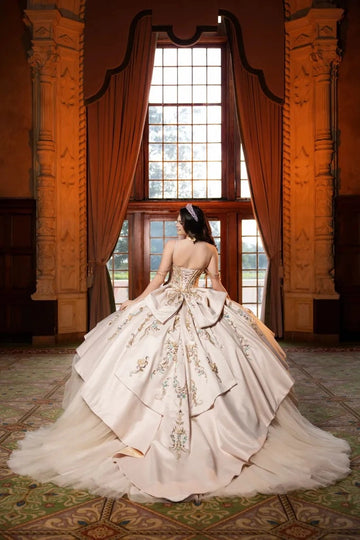 Vedress ivory satin tulle quinceanera gown sweetheart spaghetti straps lace-up corset back oversized layered satin bow full skirt with long train 3D flower appliques back view
