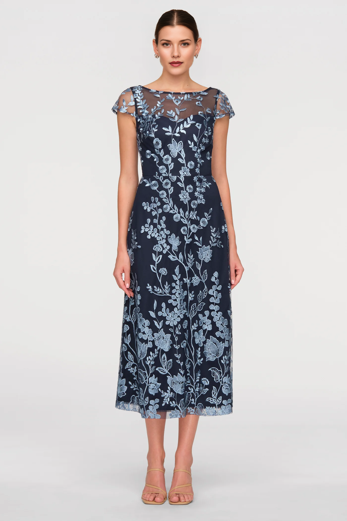 Illusion jewel neck cap sleeve embroidered tulle midi wedding guest dress with A-line silhouette and floral overlay by Vedress