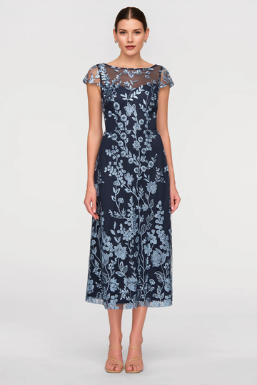 Illusion jewel neck cap sleeve embroidered tulle midi wedding guest dress with A-line silhouette and floral overlay by Vedress