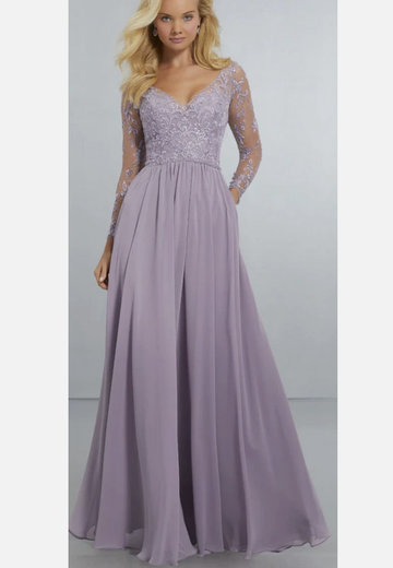 A-Line Princess Elegant Long Sleeve Lace & Chiffon Formal Gown with Deep V-Neck Party Wedding Guest Bridesmaid Dresses