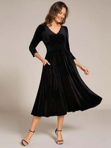 Vedress black ribbed velvet V‑neck pocket midi mother of the bride dress
