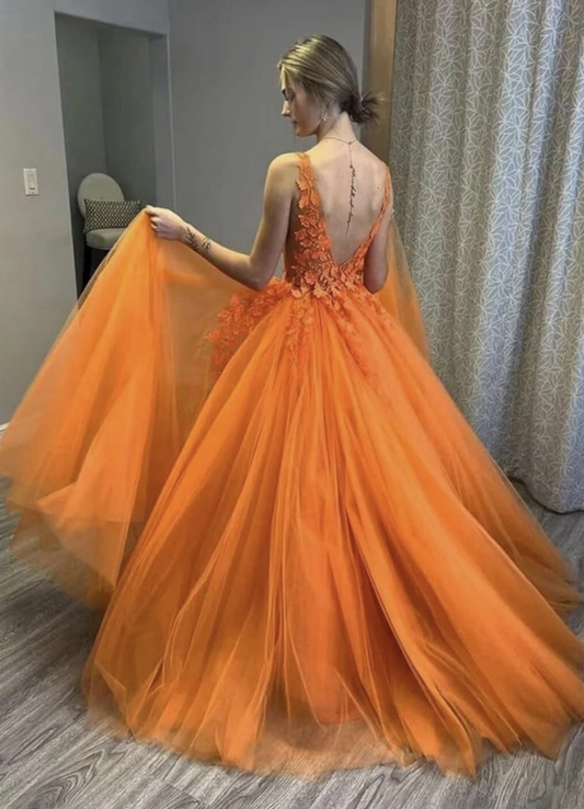 Women's Elegant V-Neck Tulle A-Line Princess Prom Dress with Lace Floral Deep V Neck Prom Long Tulle Ball Gown