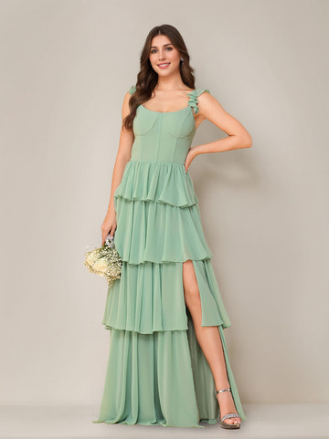 A-Line Princess Scoop Neck Sleeveless Chiffon Floor-Length Bridesmaid Dress with Ruffles & Split Side
