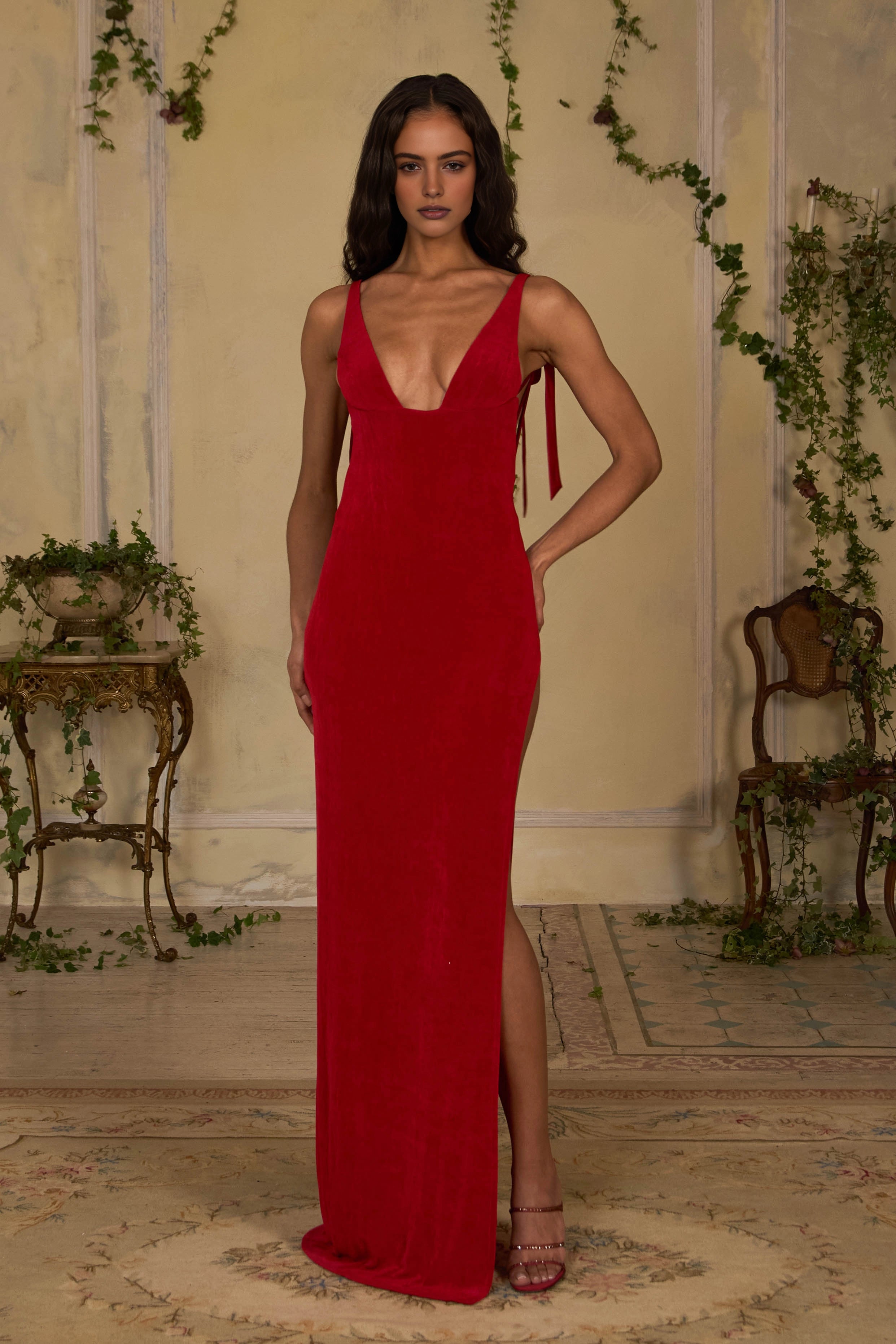 Vedress red velvet deep V‑neck mermaid prom dress with high side slit front full‑length view