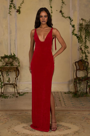 Vedress red velvet deep V‑neck mermaid prom dress with high side slit front full‑length view
