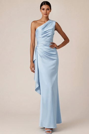 Light Blue One-Shoulder Ruched Satin Mermaid Gown with Draped Sash