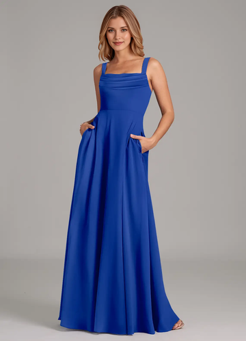 Square Neck Pleated Bodice Chiffon A-Line Floor-Length Bridesmaid Dress with Pockets