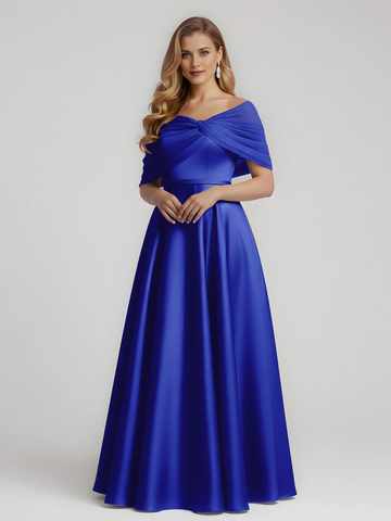 Royal blue satin bridesmaid dress with off-shoulder draped neckline, twist bodice, defined waist, and floor-length A-line skirt by Vedress