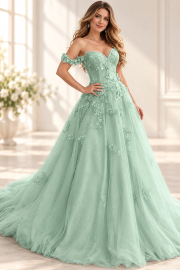 Romantic 3D-Floral Tulle A-Line Sweetheart Off-Shoulder Zipper-Back Floor-Length Prom Dress