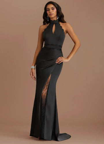Refined Black Smooth-Finish Mermaid Halter Sleeveless Open Back Floor Length Evening Dress