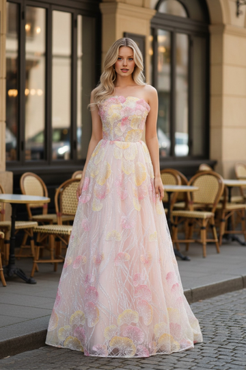 Vestido de fiesta de corte A, tipo princesa, sin tirantes, con aplicaciones florales y bordados, vestido largo elegante de noche