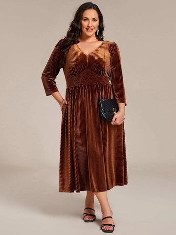 Vedress curvy plus‑size brown ribbed velvet a‑line v‑neck mother of the bride midi dress front view