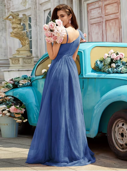 Women's Elegant Maxi Bridesmaid Dress One-Shoulder Mesh Floor-Length Formal Evening Gown Tiered Tulle Gown with Floral Appliqué