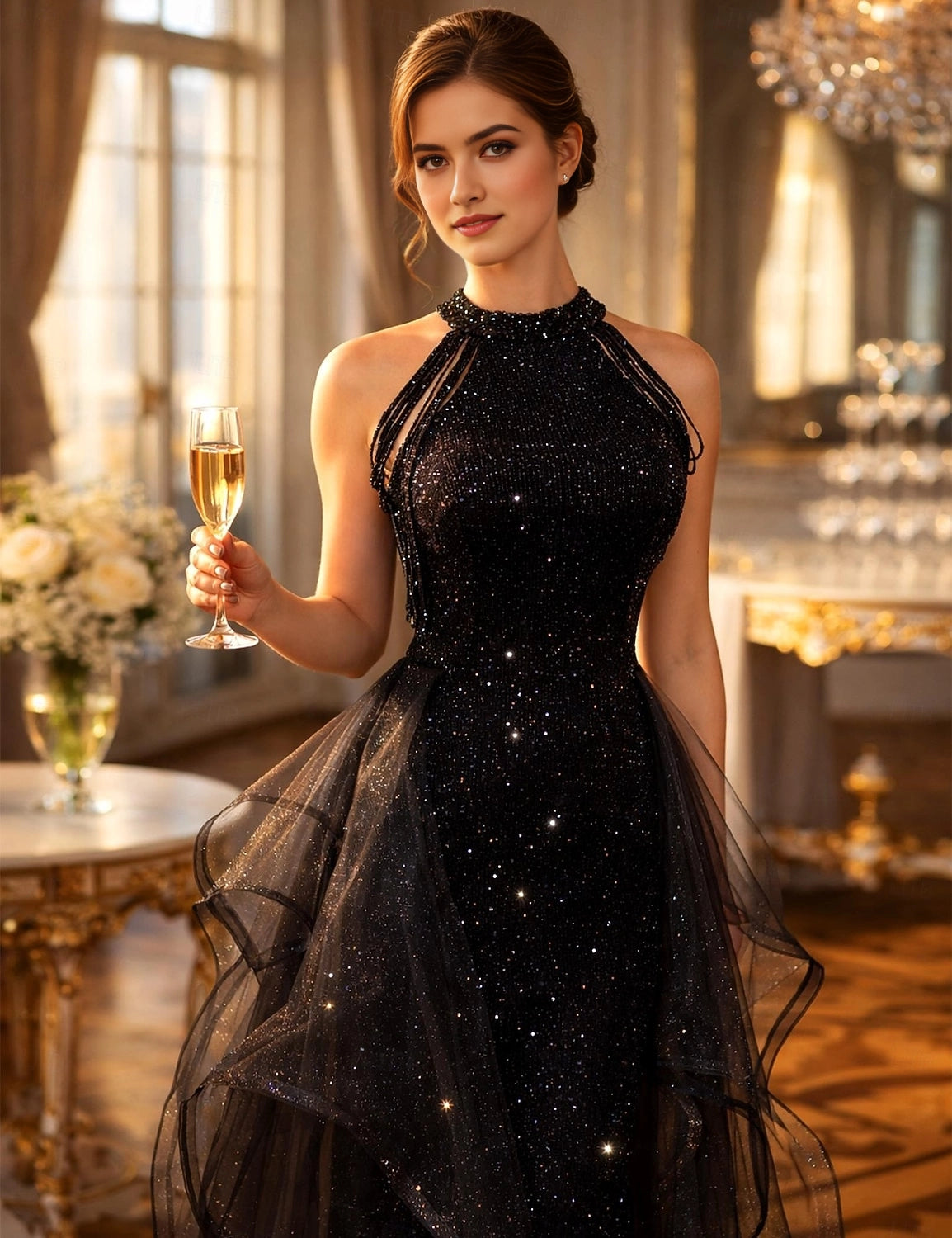 Vedress sparkly black halter mermaid prom dress front view luxury banquet indoor photoshoot