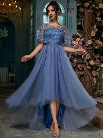 A-Line Bridesmaid Dress Mesh Party Maxi for Wedding Guest Round Neck Ruffle Sleeve Sequins Embroidery Prom Dresses