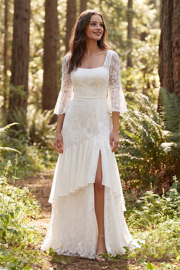 Vedress boho lace mermaid wedding dress square neck bell sleeve high slit woodland forest