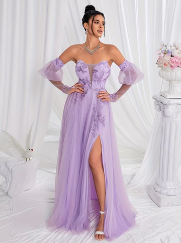 Vestidos de noche elegantes con hombros descubiertos, de gasa bordada, largos, para fiesta de graduación. Vestido de noche elegante de mujer con apliques de malla y bralette.