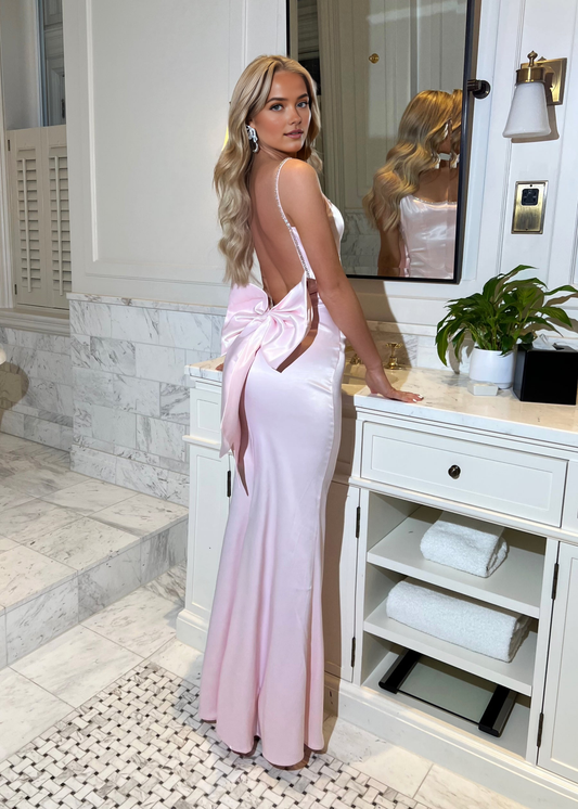 Women's Strapless Backless Evening Gown Prom Dresses with Oversized Bow Party Wedding Satin Fabric