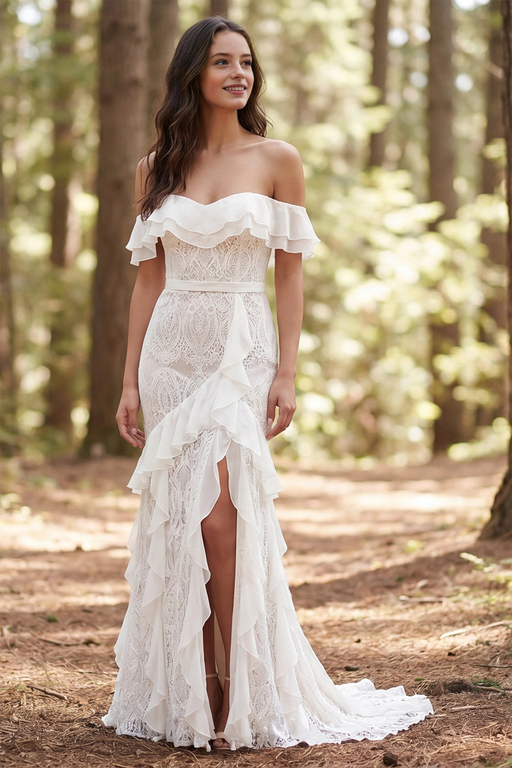 Vedress off shoulder ruffle lace mermaid wedding dress high slit woodland forest bridal gown