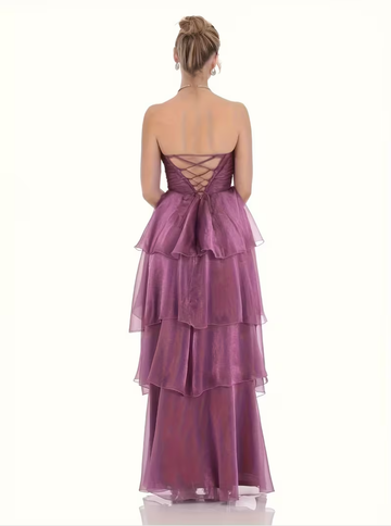 Women's Party Outfit Elegant Strapless Long Sleeve A-Line Tiered Bridesmaid Dress Formal Evening Gown Wedding Dress