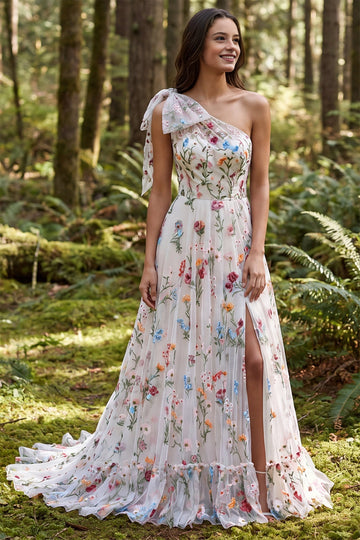 Romantic A-line One Shoulder Bow Sleeve Sheer Back Slit Train Bridesmaid Dress