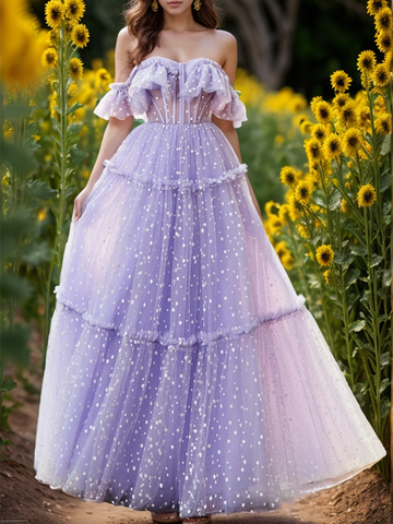 Vestidos de fiesta de tul con volantes, hombros descubiertos, corte en A, de lunares, corsé con escote corazón, hasta el suelo, para cumpleaños y ocasiones especiales