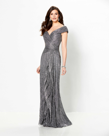 Off-the-Shoulder Metallic Evening Gown - Twist Waist Floor-Length Formal Dress